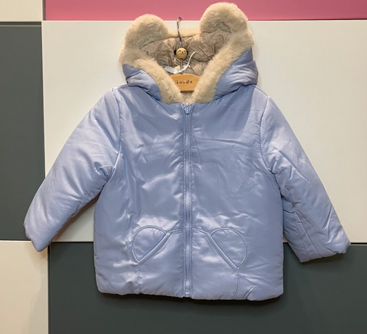 Giubbino reversibile azzurro/beige con orecchiette sul cappuccio