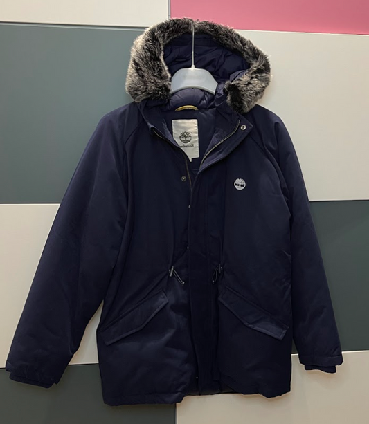 Parka blu timberland con cappuccio peloso (che si può togliere)