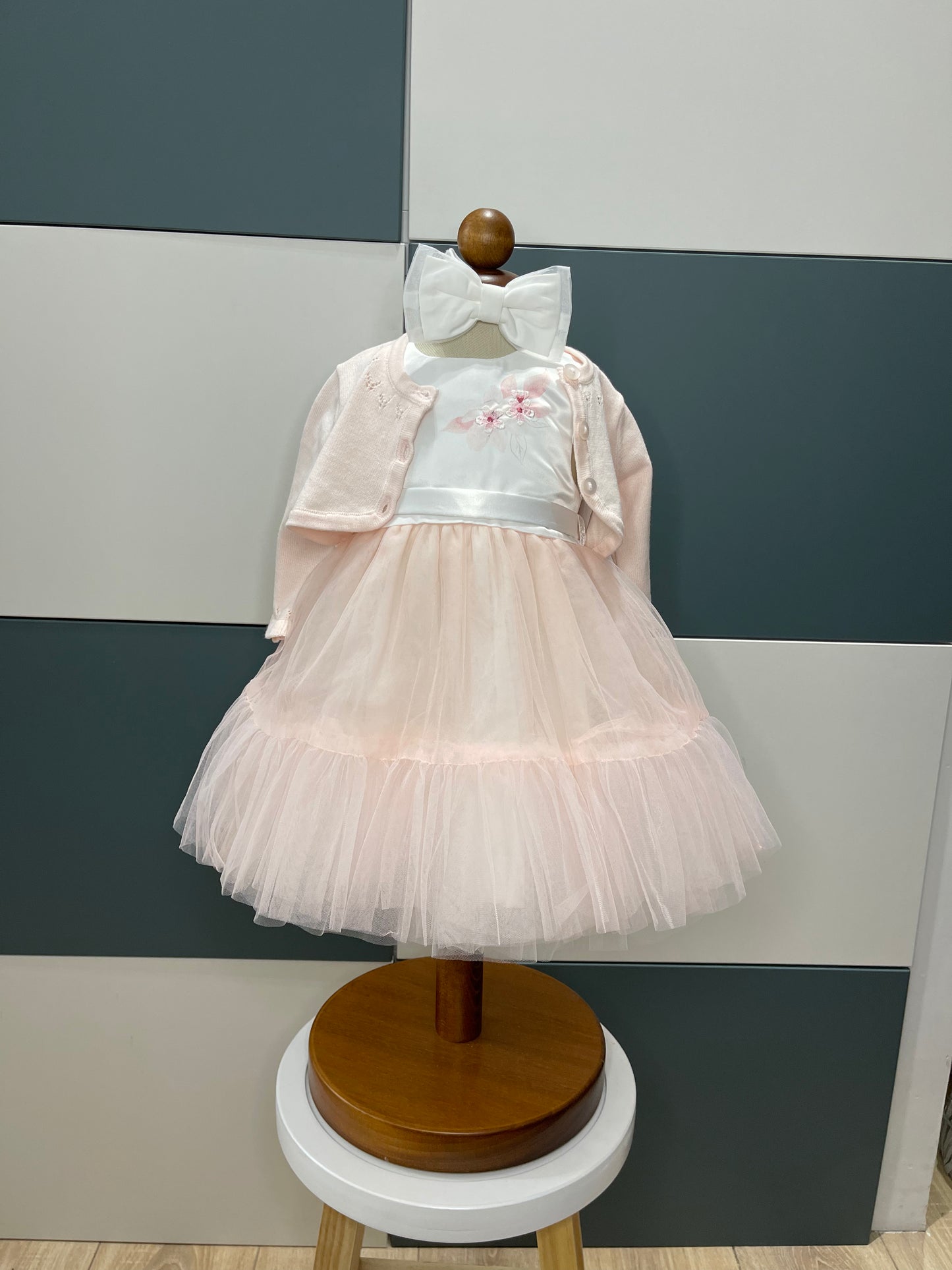 ABITINO DA CERIMONIA ROSA CON TULLE E FIOCCO SUL RETRO