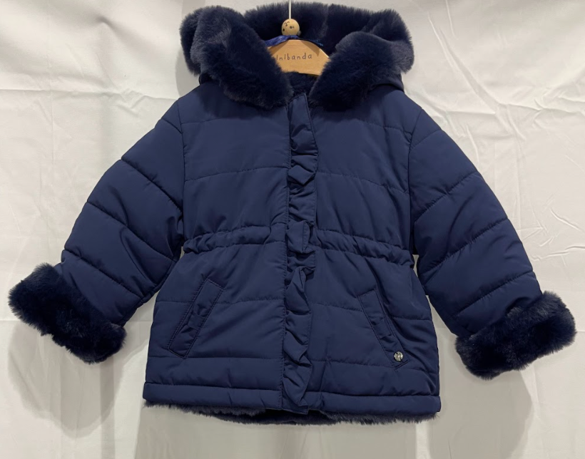 Giacca blu con cappuccio con pelo