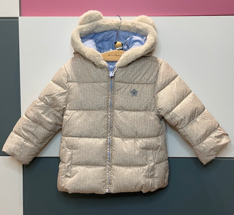 Giubbino reversibile azzurro/beige con orecchiette sul cappuccio