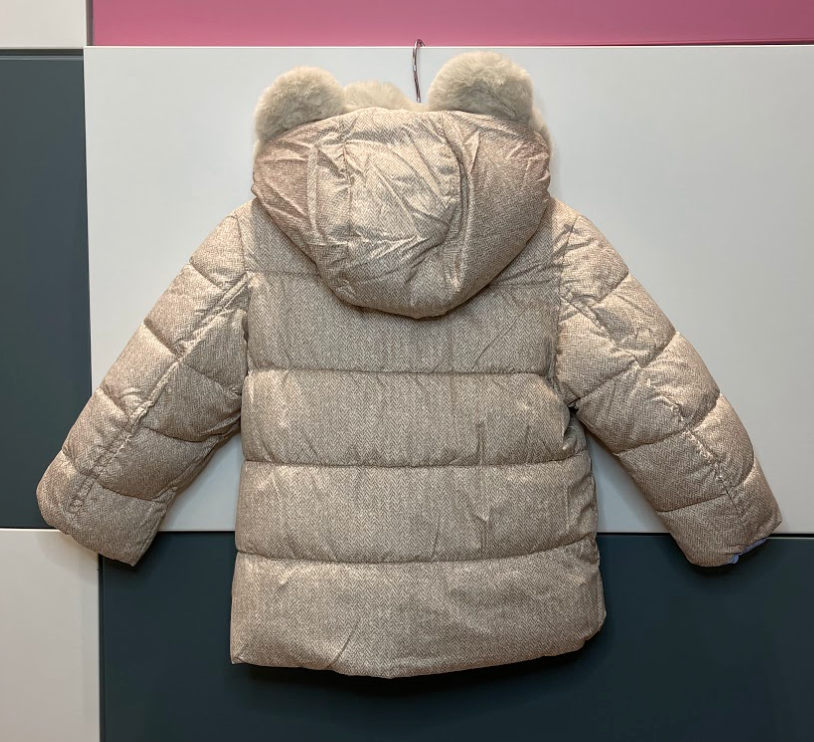 Giubbino reversibile azzurro/beige con orecchiette sul cappuccio