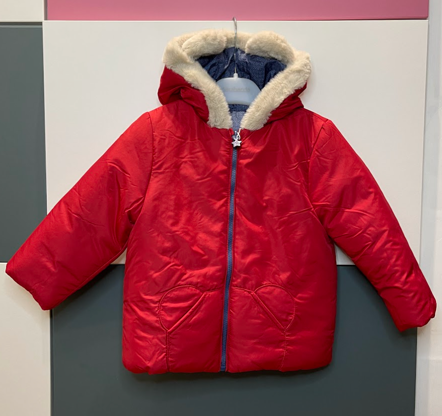 Giubbino reversibile, rosso/azzurro con orecchie sul cappuccio