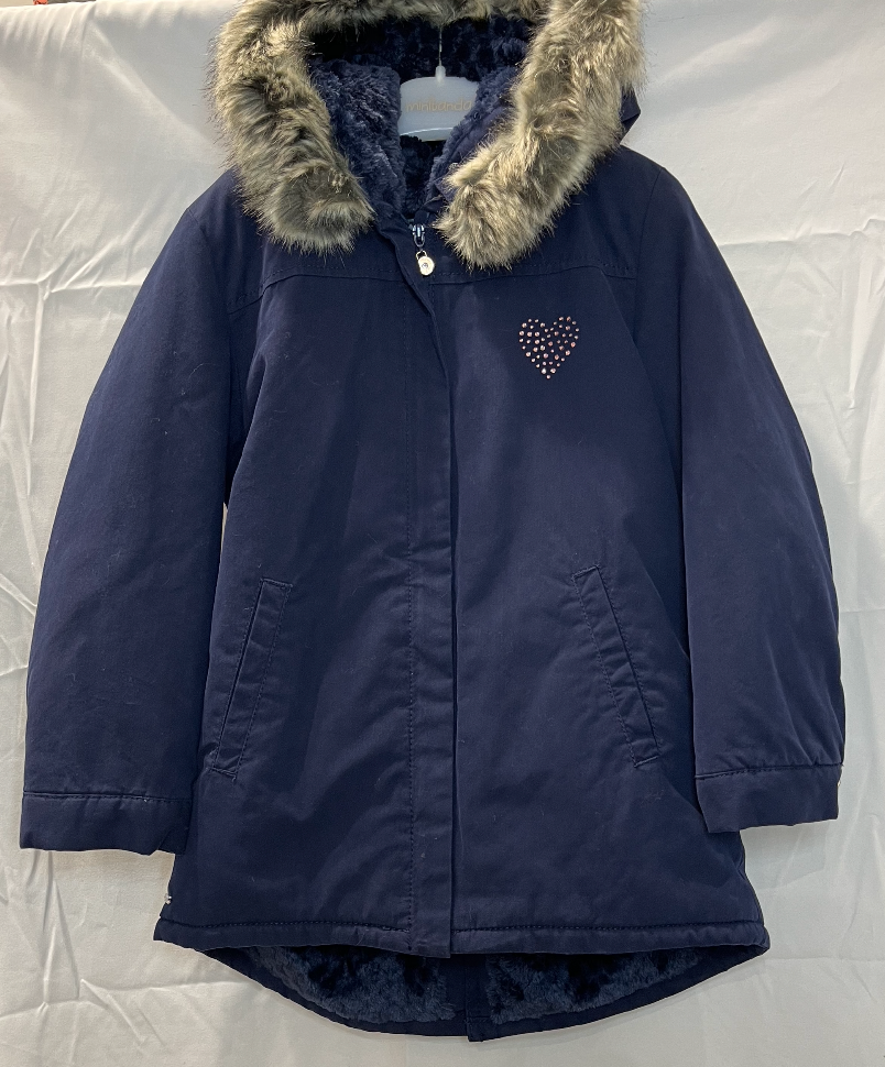 Parka blu con cuore rosa e fiocchetto sulla schiena (con punto cintura)