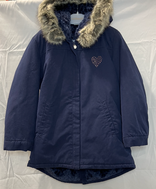 Parka blu con cuore rosa e fiocchetto sulla schiena (con punto cintura)